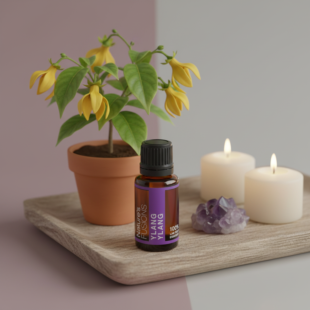 A 15ml amber glass bottle of Ylang Ylang essential oil with a black cap and purple label displayed on a wooden tray with lit white candles, an amethyst cluster, and a potted ylang ylang plant in soft spa lighting. — for Carpe Diem Dream
