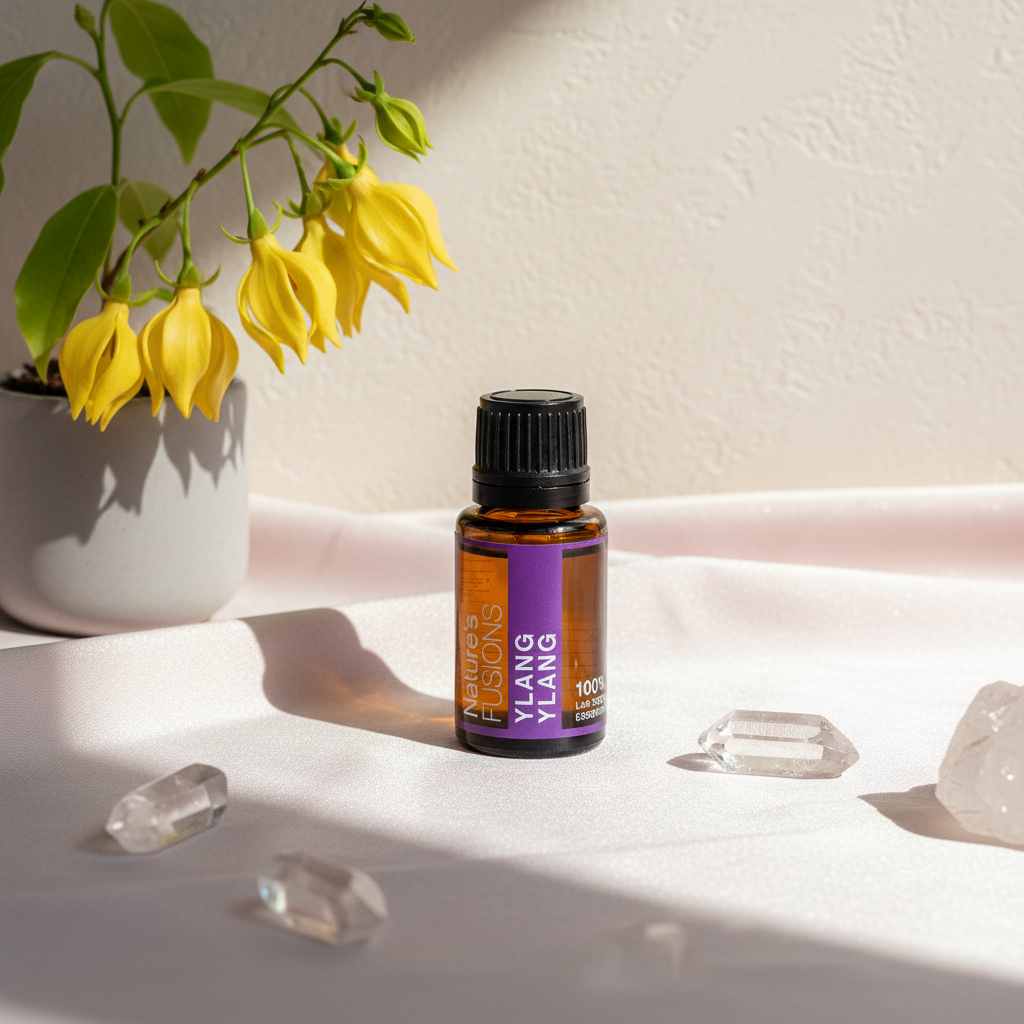 A 15ml amber glass bottle of Ylang Ylang essential oil with a black cap and purple label displayed beside fresh yellow ylang ylang flowers and clear quartz crystals in soft natural light. — for Carpe Diem Dream
