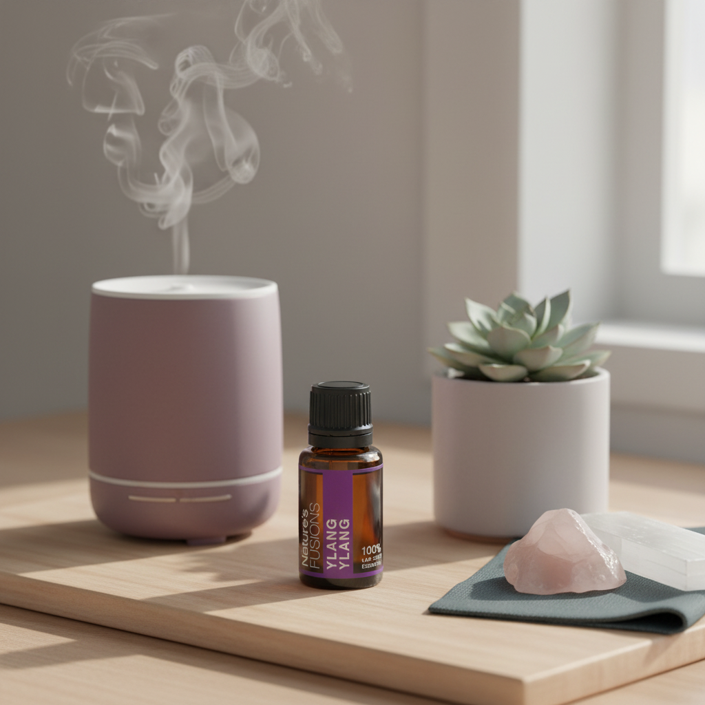 A 15ml amber glass bottle of Ylang Ylang essential oil with a black cap and purple label displayed on a wooden tray beside a softly steaming diffuser, a small potted succulent, and rose quartz in warm natural light. — for Carpe Diem Dream