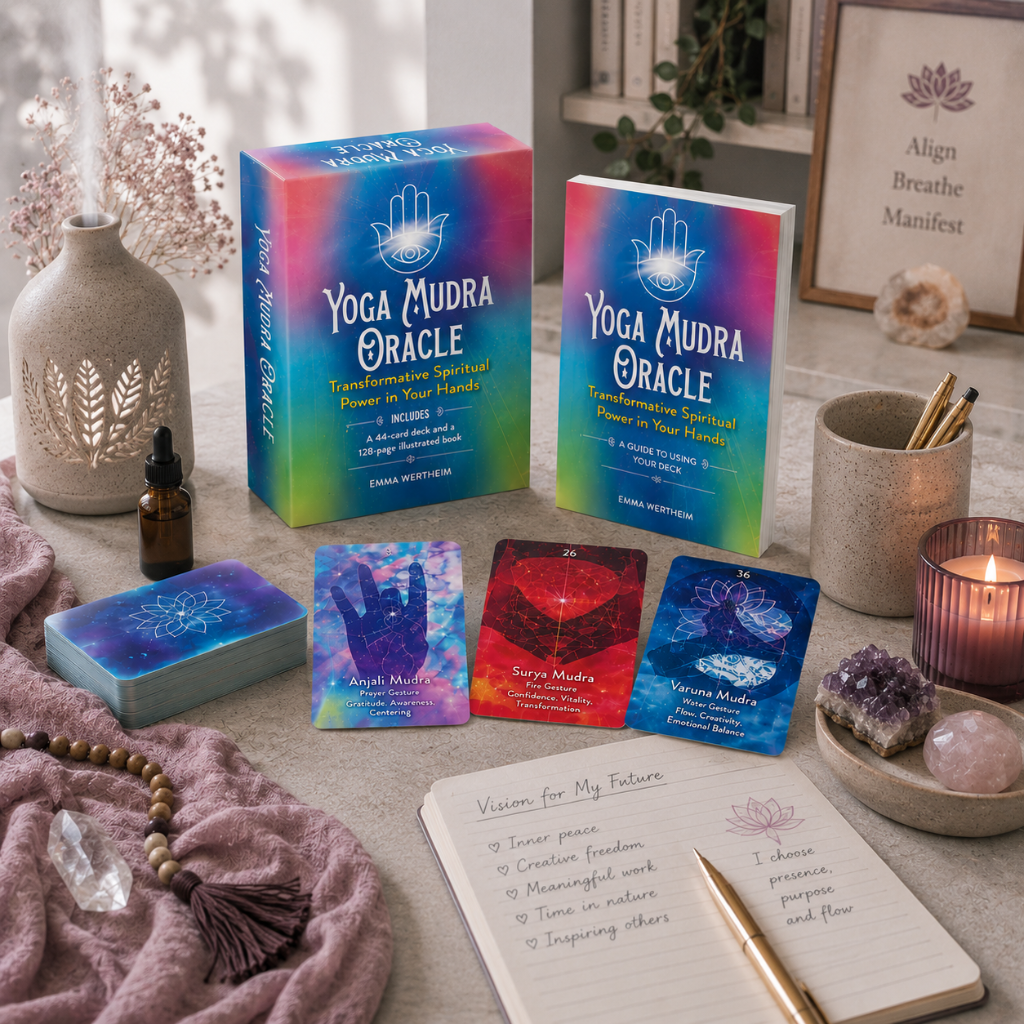 Yoga Mudra Oracle book and card deck styled for a mindful practice with mudra cards, journal, crystals, candle, diffuser, mauve textile, and soft stone accents. — for Carpe Diem Dream
