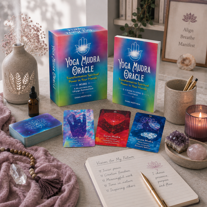 Yoga Mudra Oracle book and card deck styled for a mindful practice with mudra cards, journal, crystals, candle, diffuser, mauve textile, and soft stone accents. — for Carpe Diem Dream
