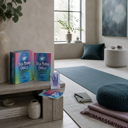Yoga Mudra Oracle book and card deck displayed in an aspirational meditation room with yoga mat, dark teal cushion, mauve textile, cool stone accents, and soft botanical styling. — for Carpe Diem Dream