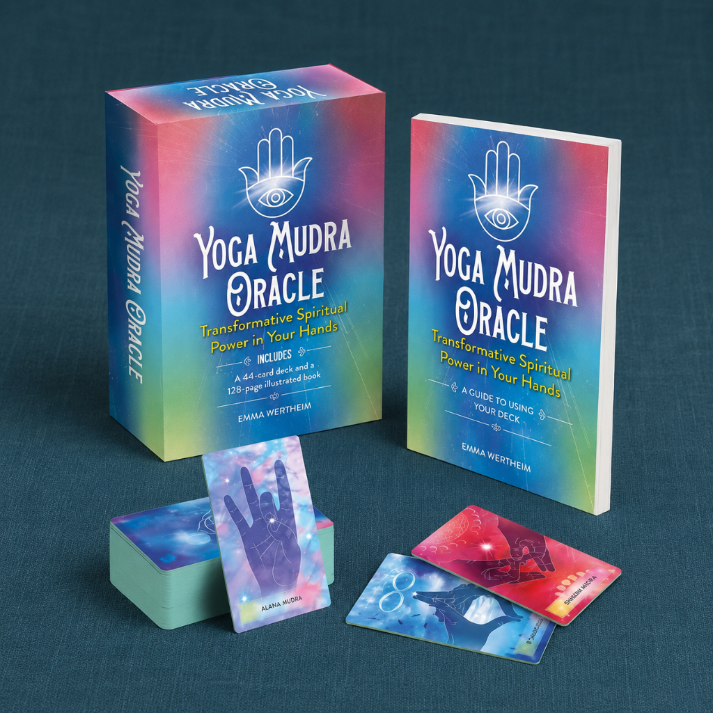 Yoga Mudra Oracle book and card deck styled on dark teal linen with boxed oracle kit, guidebook, and sample mudra cards. — for Carpe Diem Dream
