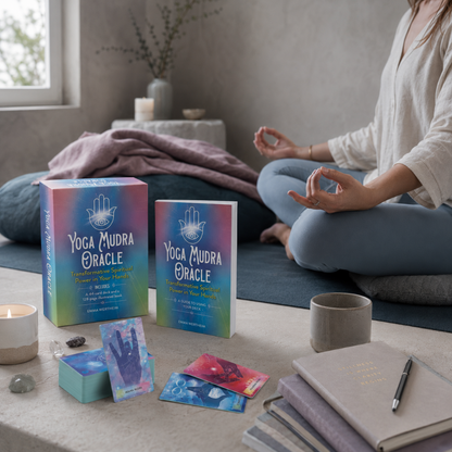 Yoga Mudra Oracle book and card deck used in a peaceful meditation sanctuary with mudra practice, yoga mat, journals, candle, crystals, mauve textiles, and dark teal accents. — for Carpe Diem Dream