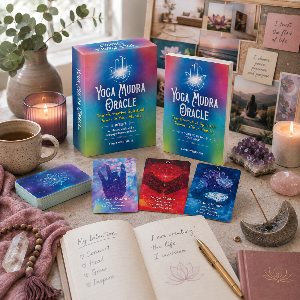 Yoga Mudra Oracle book and card deck styled in an intention-setting scene with mudra cards, journal, crystals, candles, vision board, mauve textiles, and soft botanical accents. — for Carpe Diem Dream