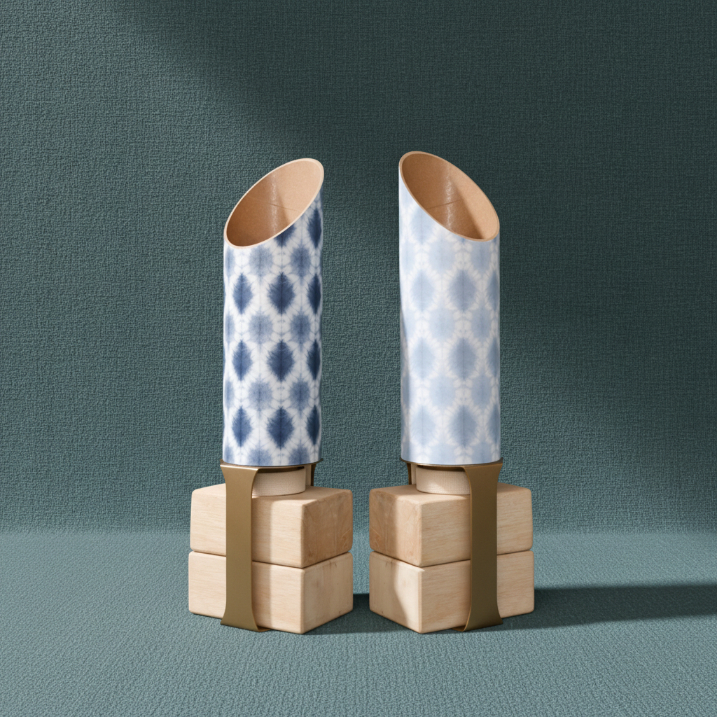 Two Boho Batik yoga storage tubes in navy and light blue with gold yoga block stands displayed on stacked wooden yoga blocks against a muted teal linen-textured background. — for Carpe Diem Dream