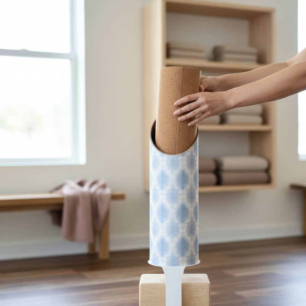 Hands placing a tan yoga mat into a light blue and white patterned yoga storage tube with a white stand in a bright wellness room with shelving and a mauve throw. — for Carpe Diem Dream