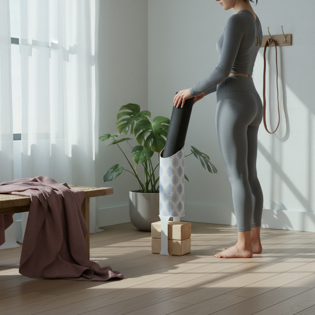 Woman in gray activewear placing a black yoga mat into a blue and white patterned yoga storage tube with a white block stand and wooden yoga blocks in a bright room with a potted plant and mauve throw. — for Carpe Diem Dream