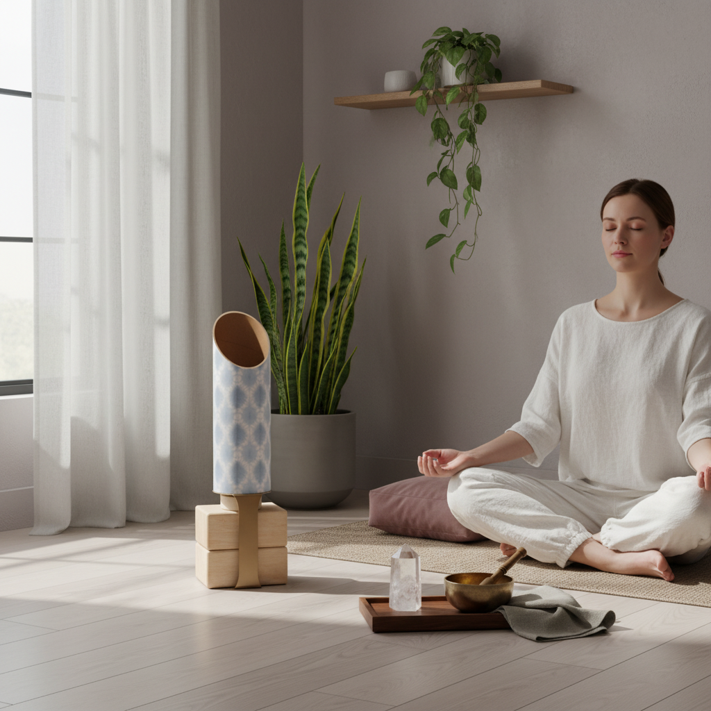 Light blue and white patterned yoga storage tube with a white block stand and wooden yoga blocks beside a woman meditating in a bright room with plants, a mauve cushion, crystals, and a singing bowl. — for Carpe Diem Dream