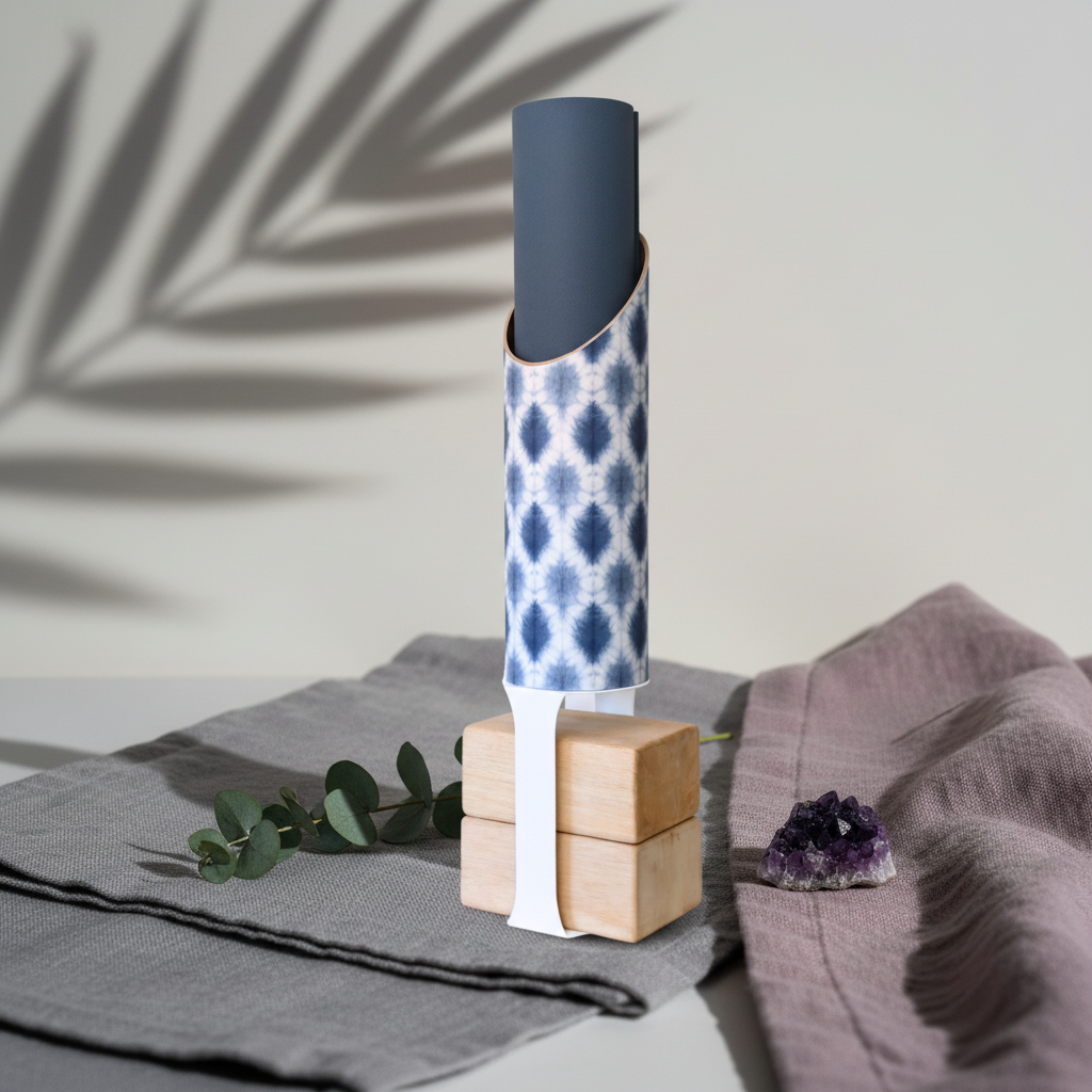Blue and white patterned yoga storage tube holding a navy yoga mat with a white block stand and two wooden yoga blocks on gray and mauve fabric beside eucalyptus and an amethyst crystal. — for Carpe Diem Dream