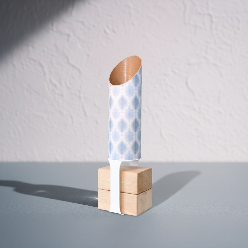 Light blue and white patterned yoga storage tube with a white block stand and two wooden yoga blocks on a cool gray surface against a textured white wall. — for Carpe Diem Dream