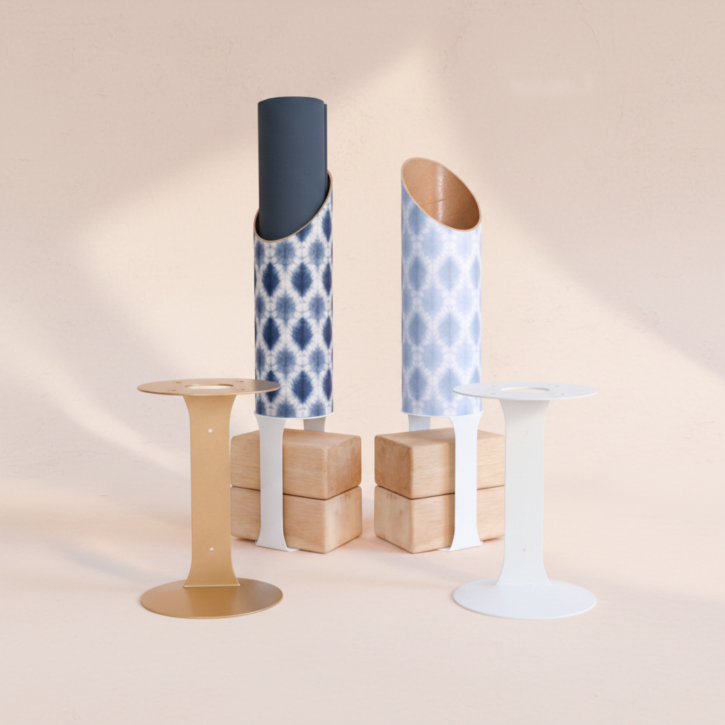 Navy and light blue patterned yoga storage tubes displayed with gold and white stands and wooden yoga blocks on a soft neutral background. — for Carpe Diem Dream