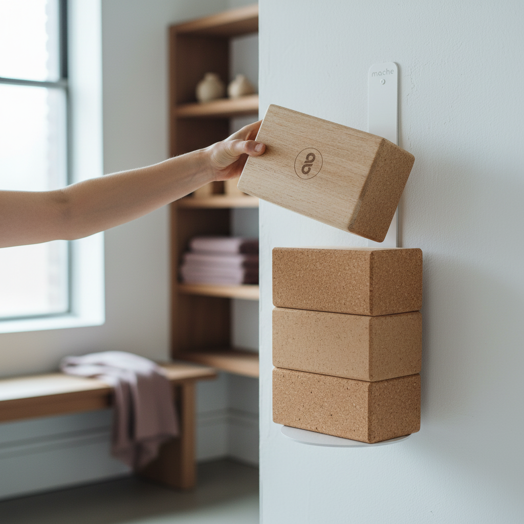Hand placing a natural-colored yoga block into a white wall-mounted yoga block bracket holding stacked yoga blocks in a bright wellness room. — for Carpe Diem Dream