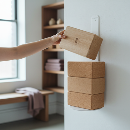 Hand placing a natural-colored yoga block into a white wall-mounted yoga block bracket holding stacked yoga blocks in a bright wellness room. — for Carpe Diem Dream