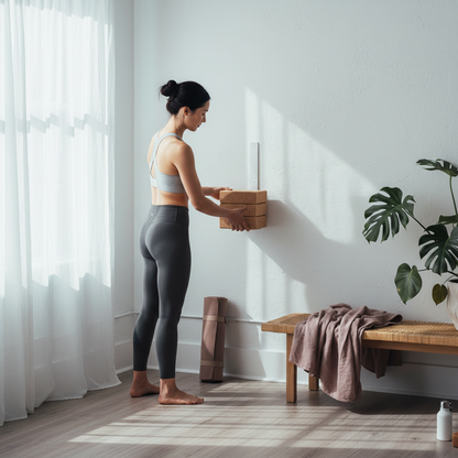 Woman in activewear placing cork yoga blocks into a white wall-mounted yoga block bracket beside a wood bench and plants in a bright wellness room. — for Carpe Diem Dream