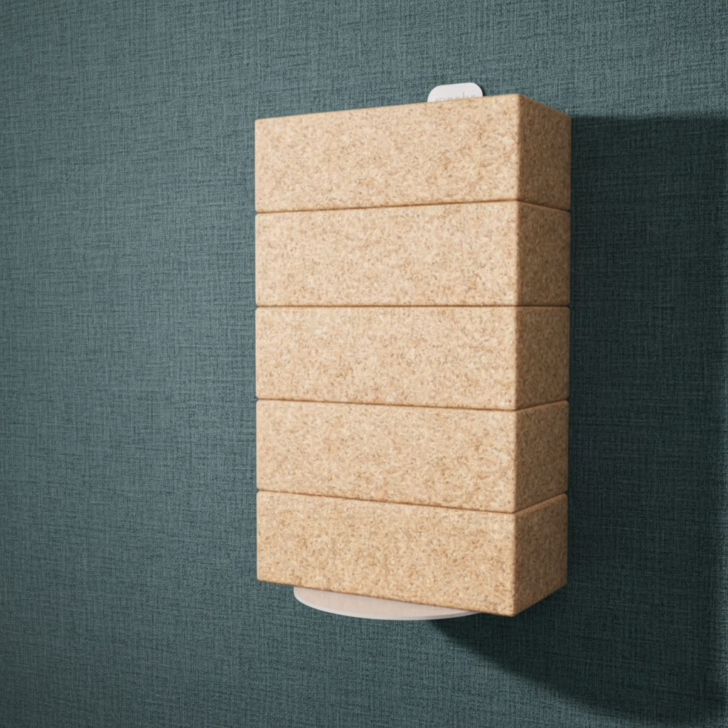 White wall-mounted yoga block bracket holding stacked natural cork yoga blocks against a teal textured wall. — for Carpe Diem Dream
