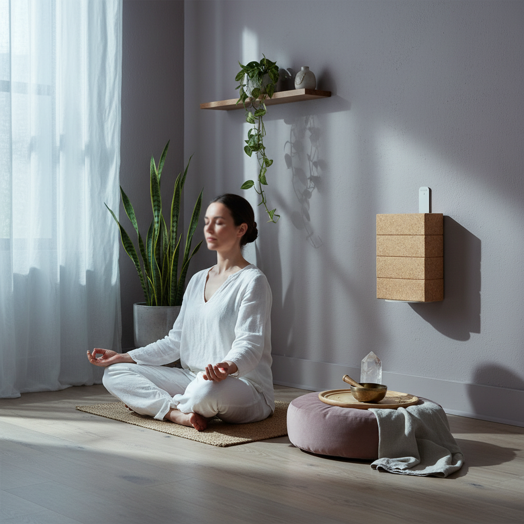 White wall-mounted yoga block bracket holding stacked natural cork yoga blocks beside a woman meditating in a calm room with plants, a mauve cushion, crystals, and a singing bowl. — for Carpe Diem Dream
