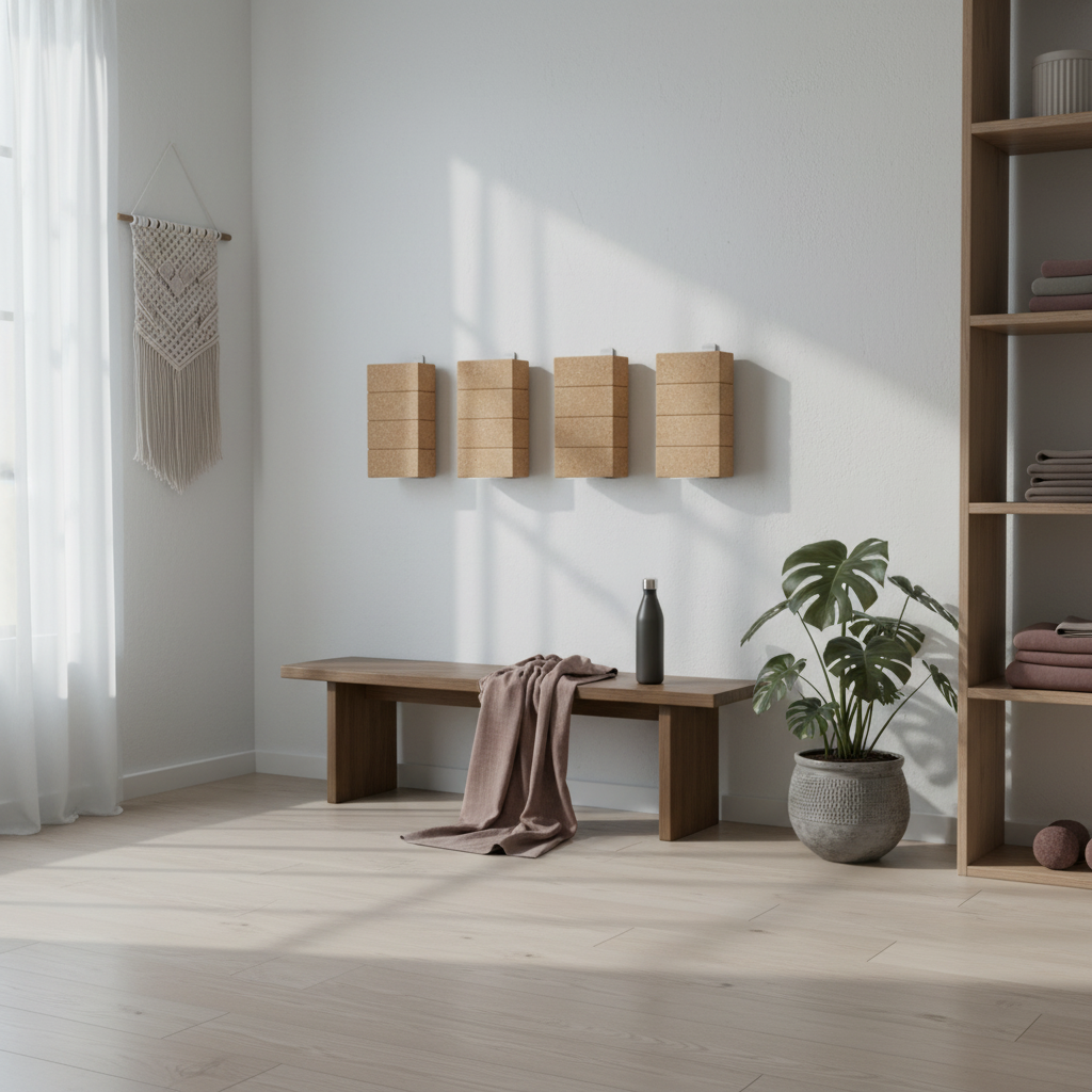 White wall-mounted yoga block brackets holding stacked natural cork yoga blocks above a wood bench in a bright wellness room with a plant, shelving, and a mauve throw. — for Carpe Diem Dream