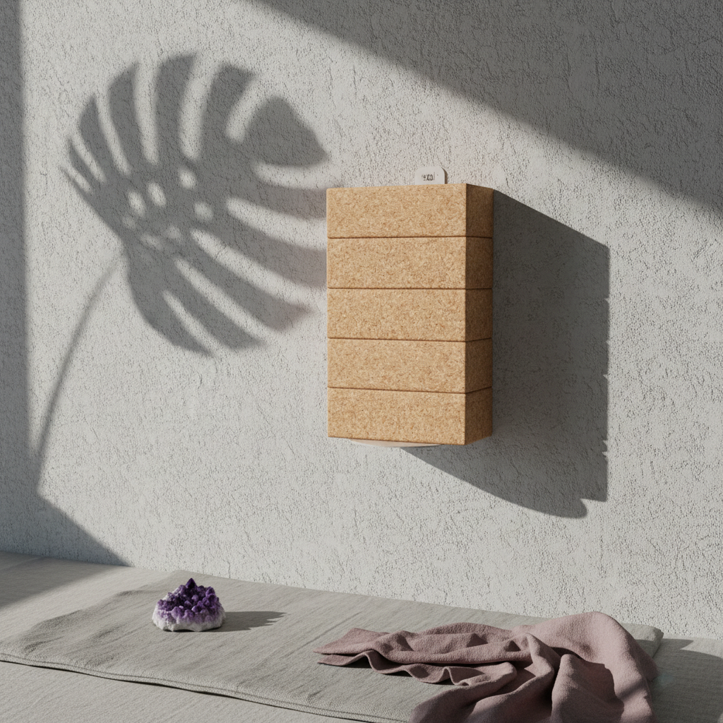 White wall-mounted yoga block bracket holding stacked natural cork yoga blocks on a textured white wall with palm leaf shadows, mauve fabric, and an amethyst crystal below. — for Carpe Diem Dream