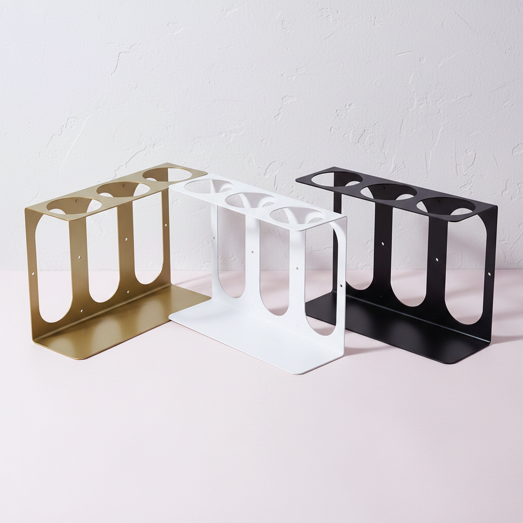 Gold, white, and black metal yoga mat wall brackets displayed side by side on a light studio background. — for Carpe Diem Dream