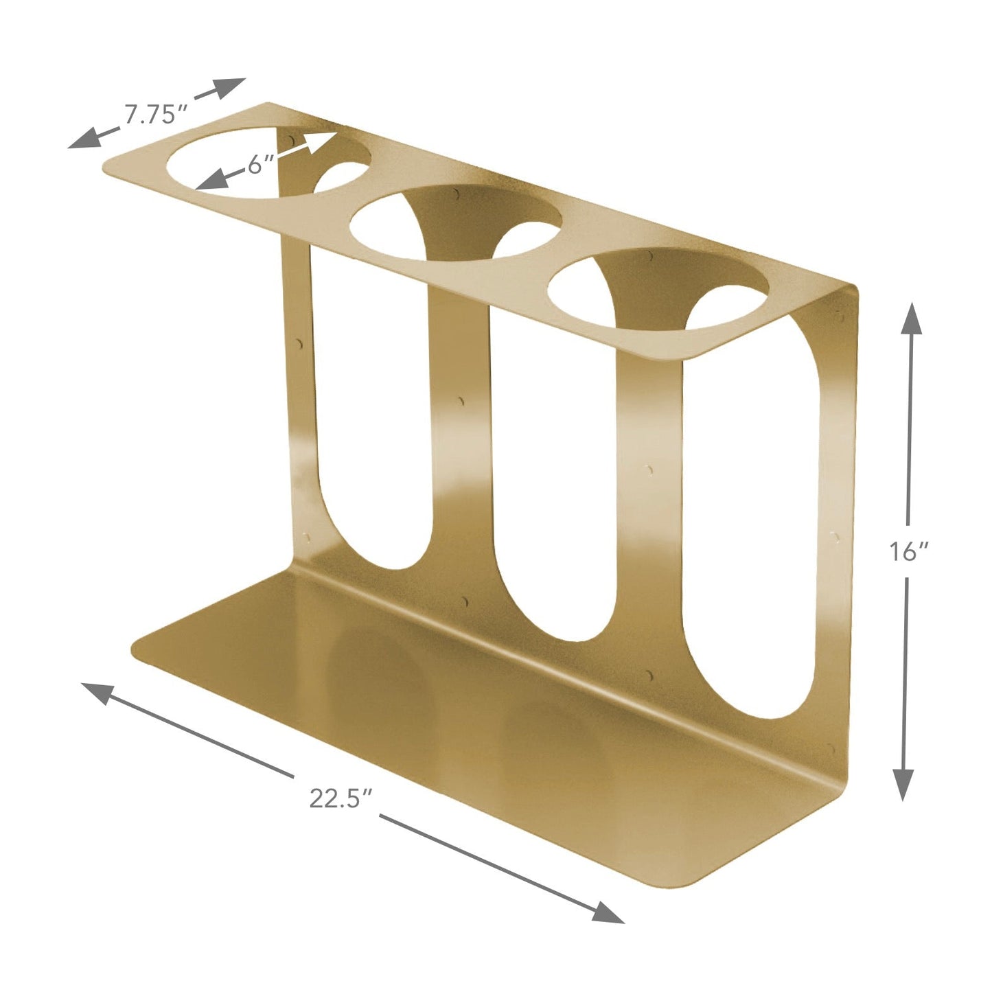 Gold metal yoga mat wall bracket shown with measurement labels on a white background. — for Carpe Diem Dream