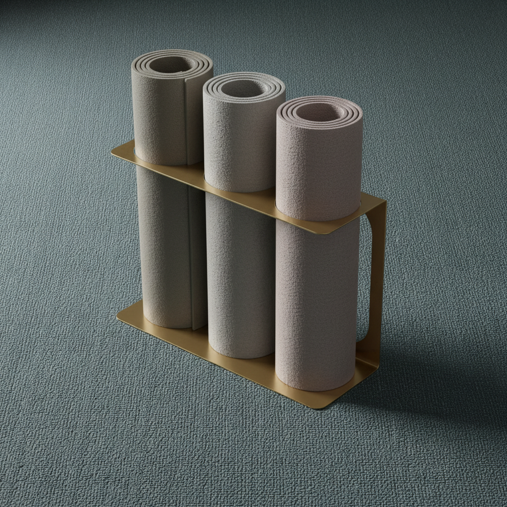 Gold metal yoga mat wall bracket holding three rolled yoga mats against a deep teal textured background. — for Carpe Diem Dream