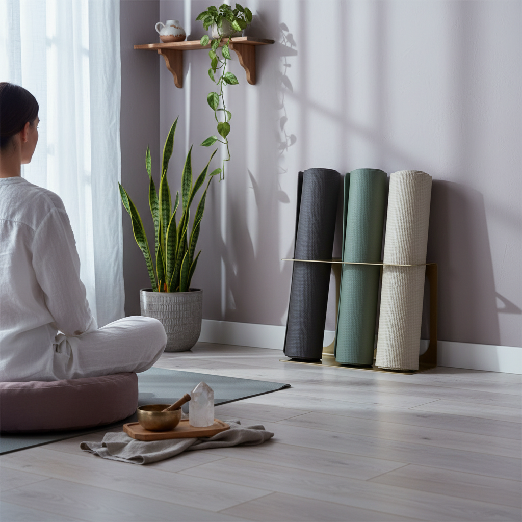 Gold metal yoga mat wall bracket holding three rolled yoga mats beside a woman meditating in a bright wellness room with plants, a mauve cushion, crystals, and a singing bowl. — for Carpe Diem Dream