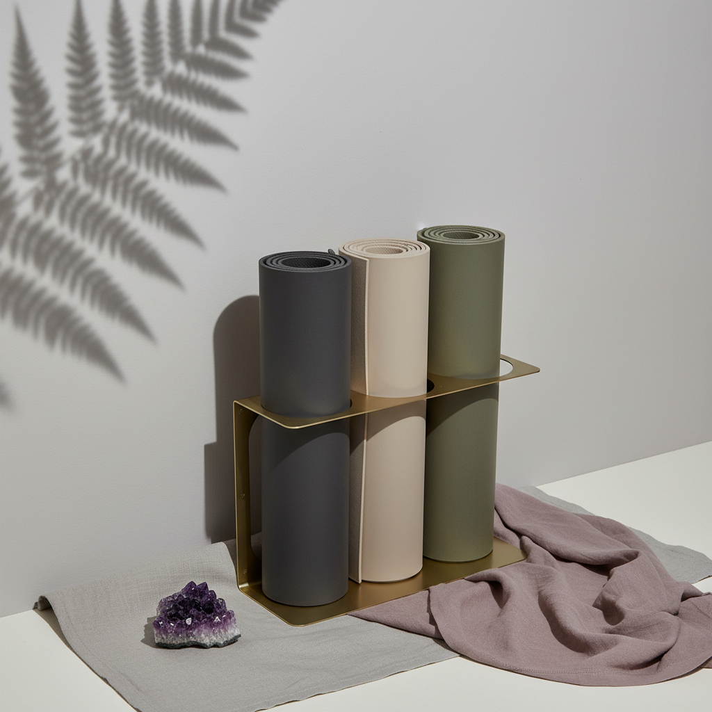 Gold metal yoga mat wall bracket holding three rolled yoga mats against a light textured wall with fern shadows, mauve fabric, and an amethyst crystal. — for Carpe Diem Dream