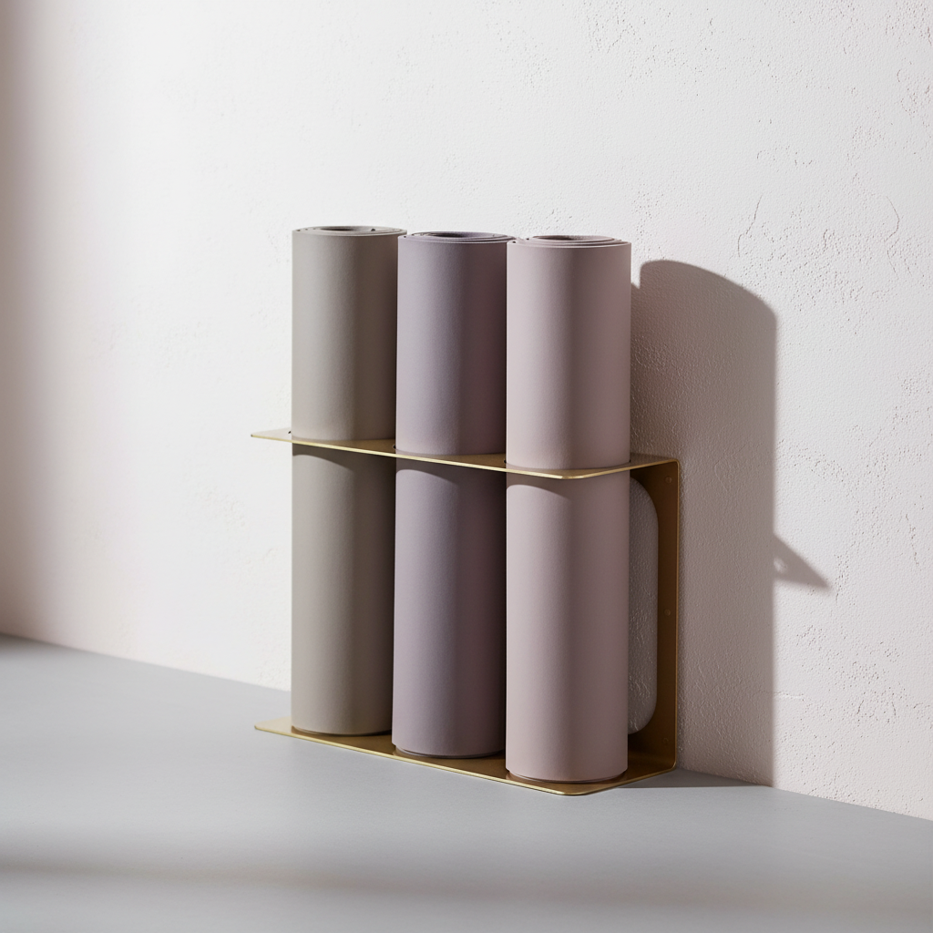 Gold metal yoga mat wall bracket holding three rolled yoga mats against a textured white wall on a light studio surface. — for Carpe Diem Dream