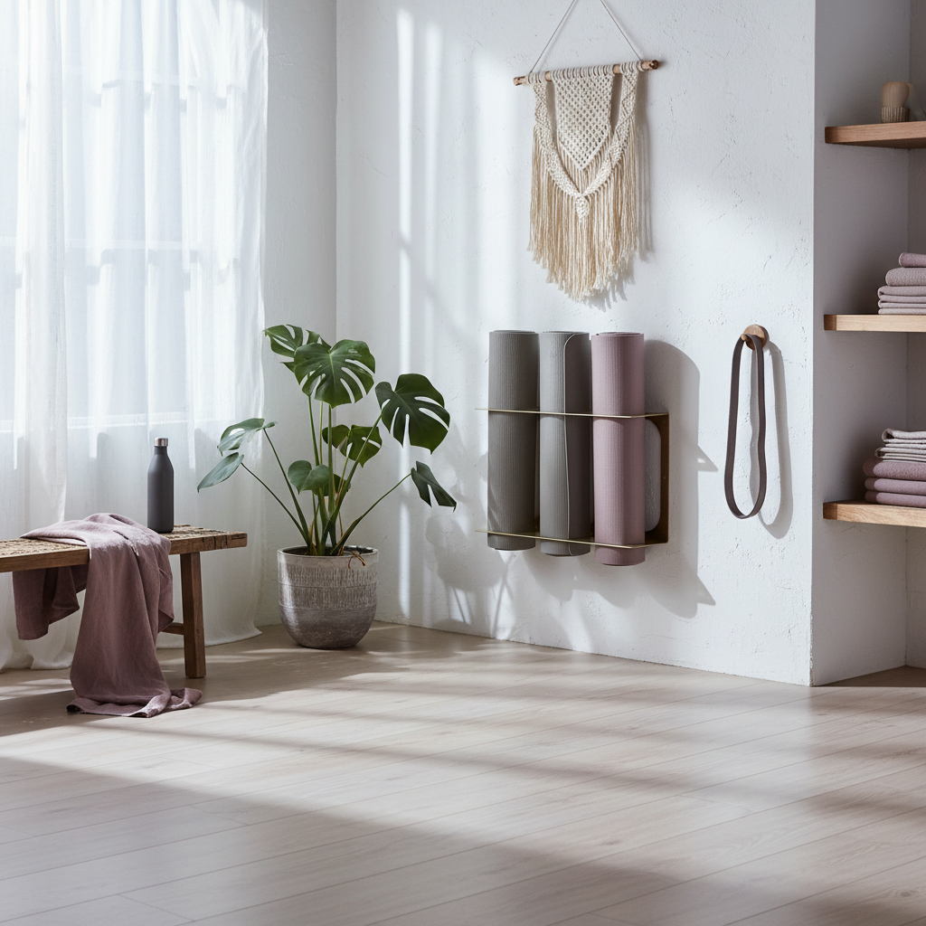 Gold metal yoga mat wall bracket holding three rolled yoga mats on a white wall in a bright wellness room with plants, shelving, a bench, and a mauve throw. — for Carpe Diem Dream