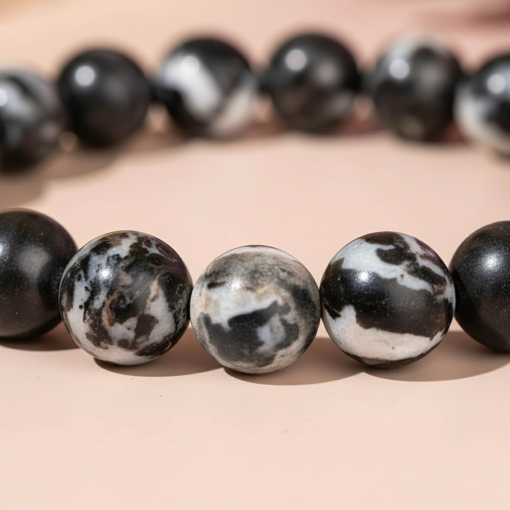 Extreme close-up of Zebra Jasper gemstone beads showing natural black and white patterns on soft blush surface with gentle shadow. — for Carpe Diem Dream