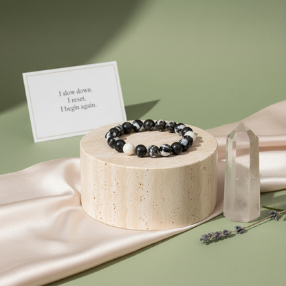 Zebra Jasper beaded bracelet displayed on travertine pedestal beside crystal tower and quote card against soft green backdrop. — for Carpe Diem Dream