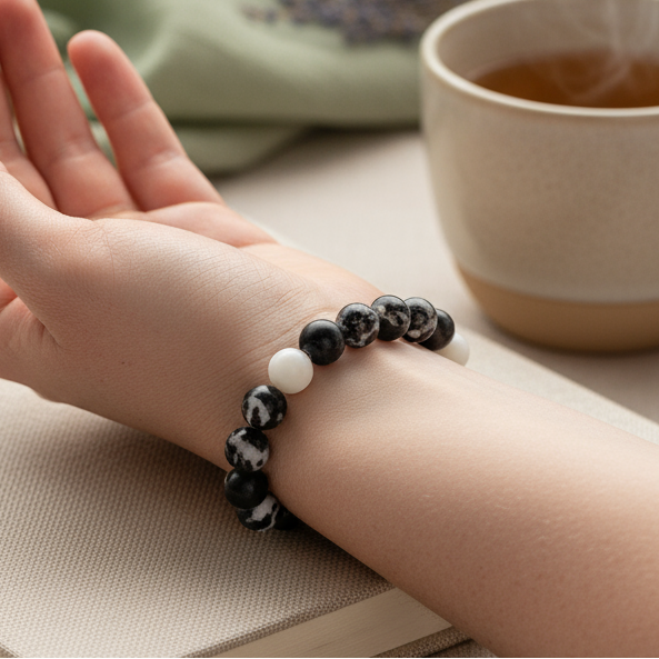 Zebra Jasper beaded bracelet worn on wrist beside steaming mug and soft fabric surface with gentle shadow. — for Carpe Diem Dream
