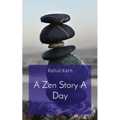 Cover of A Zen Story a Day by Rahul Karn featuring stacked stones above a purple mountain landscape. — for Carpe Diem Dream