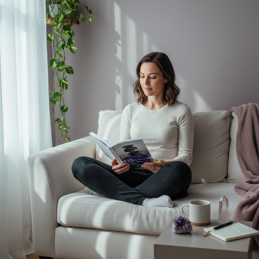 Woman reading A Zen Story a Day by Rahul Karn beside a journal, crystal, and warm beverage in a peaceful mindfulness setting. — for Carpe Diem Dream