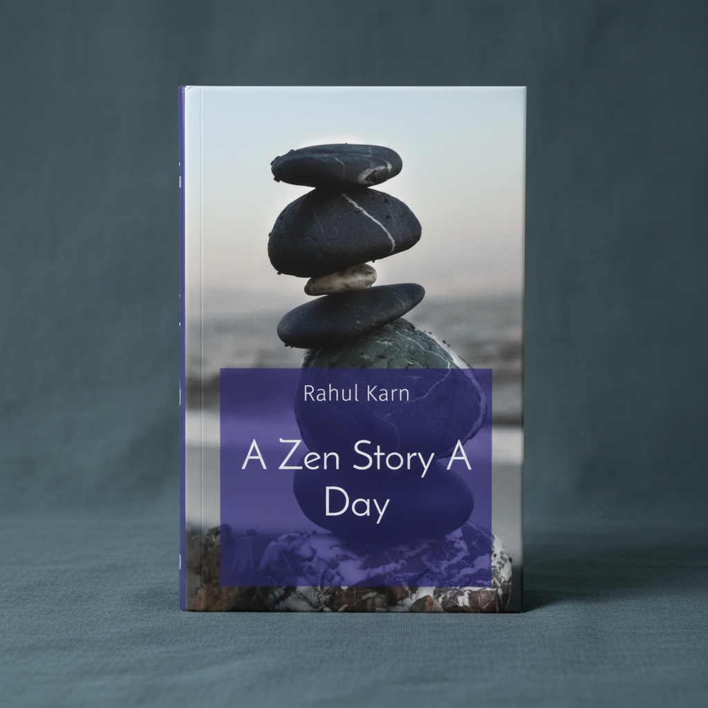 A Zen Story a Day by Rahul Karn displayed upright on a textured teal linen background featuring stacked balancing stones and a calming mountain landscape. — for Carpe Diem Dream