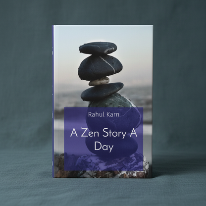 A Zen Story a Day by Rahul Karn displayed upright on a textured teal linen background featuring stacked balancing stones and a calming mountain landscape. — for Carpe Diem Dream