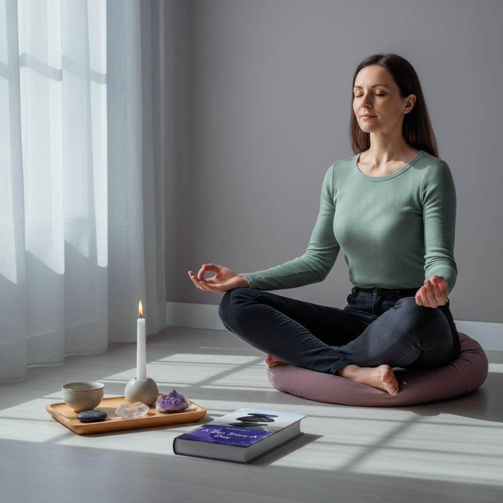 A Zen Story A Day by Rahul Karn displayed beside crystals and a candle in a peaceful meditation space with a woman seated in mindful reflection. — for Carpe Diem Dream