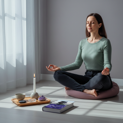 A Zen Story A Day by Rahul Karn displayed beside crystals and a candle in a peaceful meditation space with a woman seated in mindful reflection. — for Carpe Diem Dream
