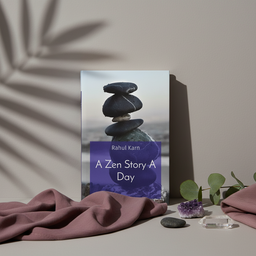 A Zen Story a Day by Rahul Karn displayed with crystals, eucalyptus, and softly draped mauve linen in a peaceful botanical studio setting. — for Carpe Diem Dream