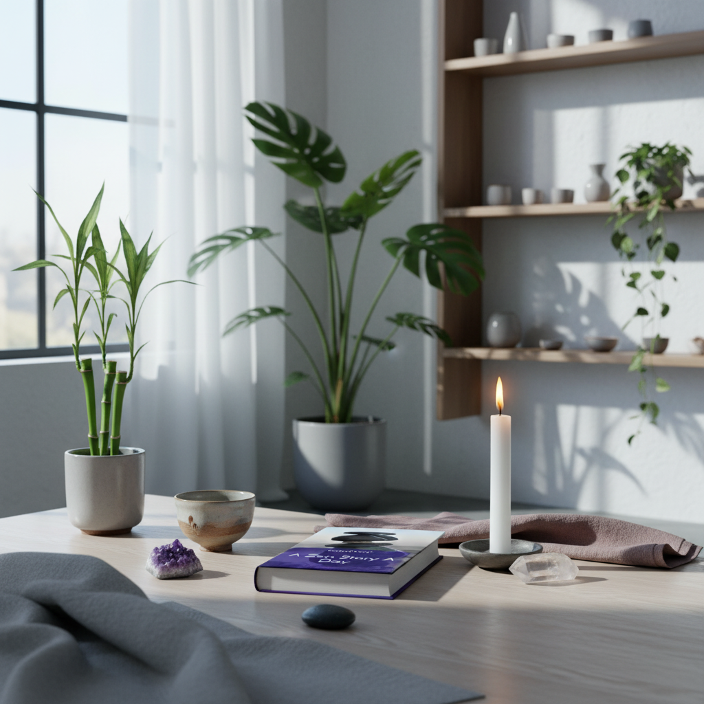 A Zen Story A Day by Rahul Karn displayed on a peaceful tabletop beside crystals, candlelight, and botanical accents in a mindful home sanctuary setting. — for Carpe Diem Dream